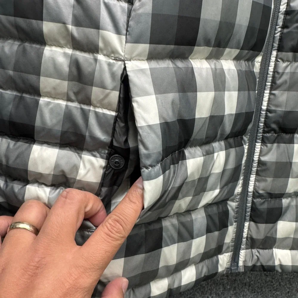 Lands'‎ End Buffalo Plaid Puffer Vest Women 2X Grey Black Down Insulated Outdoor